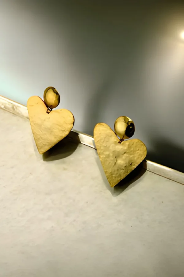 Golden-Love-Earrings-in-heart-shape-crafted-in-18k-gold-plated-brass-with-a-delicate-hammered-finish