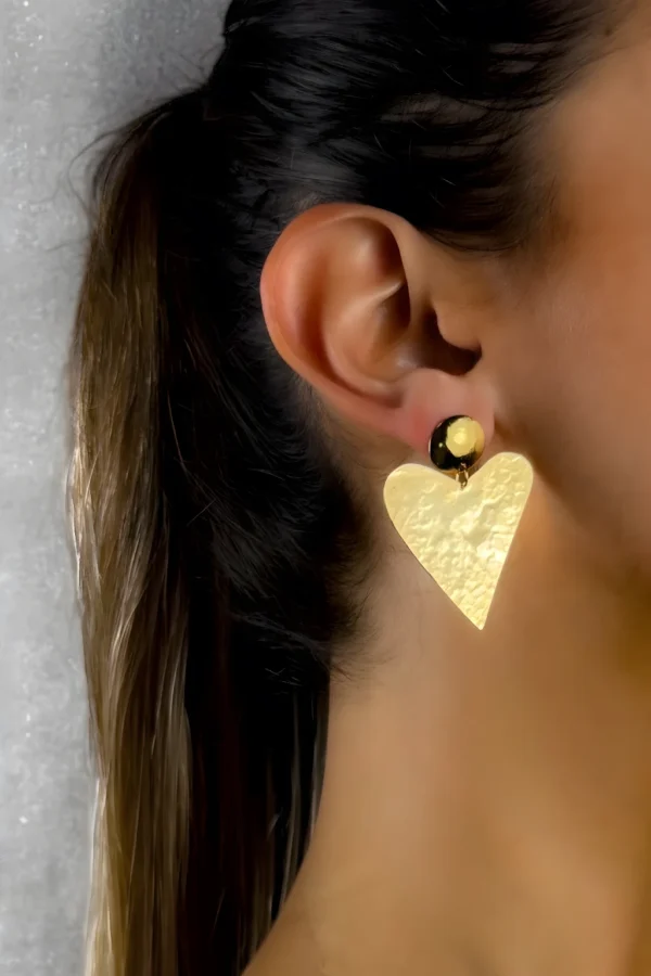Golden-Love-Earrings-in-heart-shape-crafted-in-18k-gold-plated-brass-with-a-delicate-hammered-finish