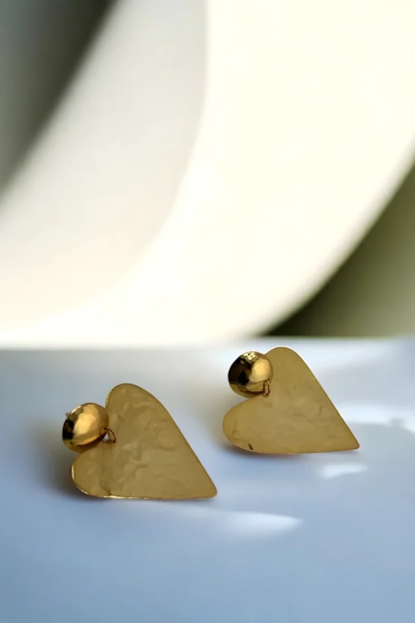 Golden-Love-Earrings-in-heart-shape-crafted-in-18k-gold-plated-brass-with-a-delicate-hammered-finish